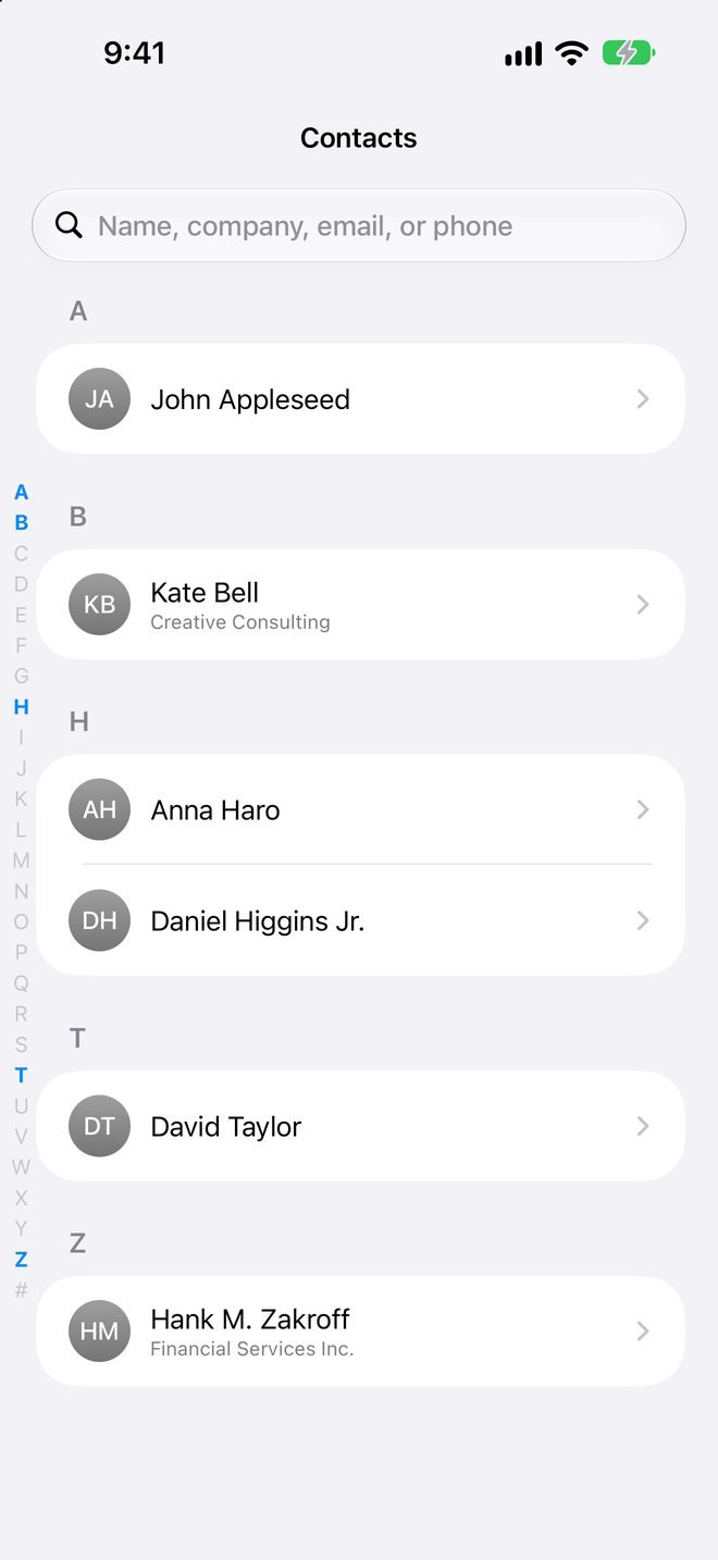 Contacts with an A to Z index