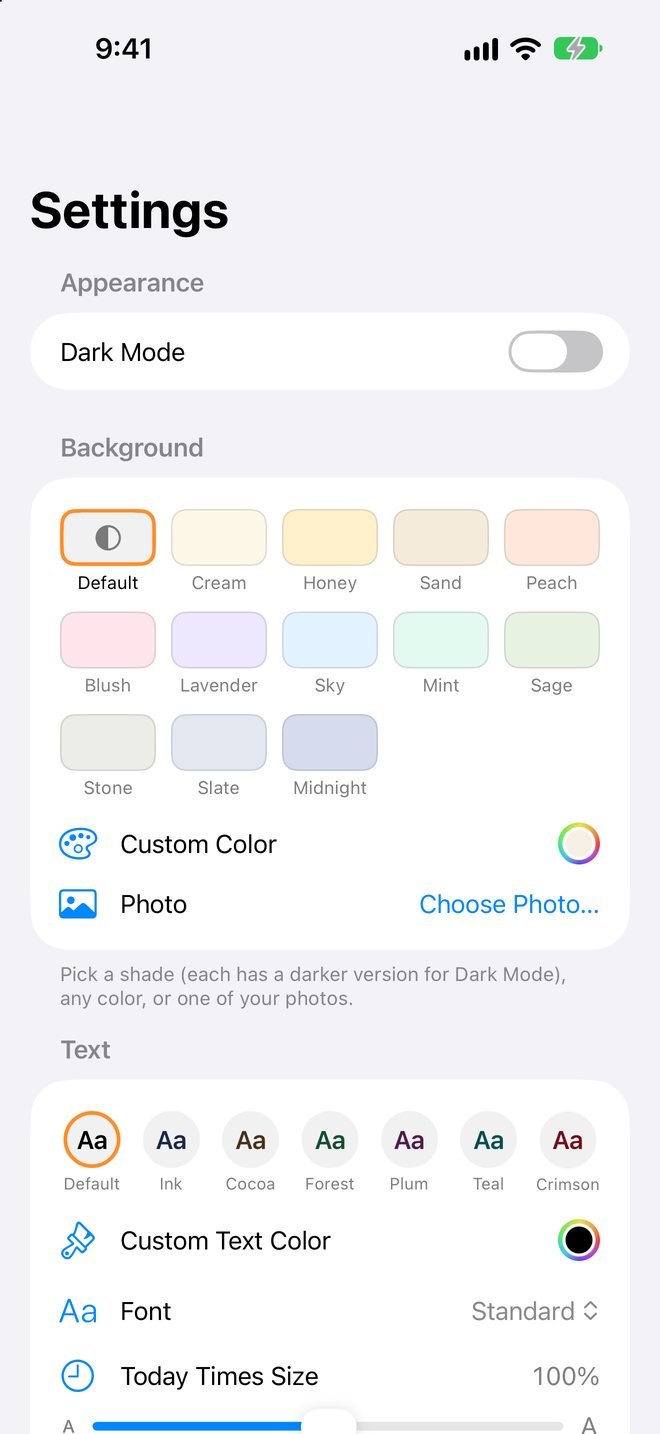 Settings for background, text color and font