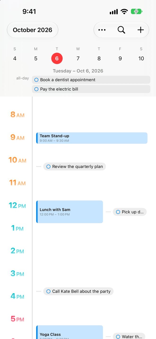 Dayquilt's Today screen: an hour-by-hour timeline with events and tasks